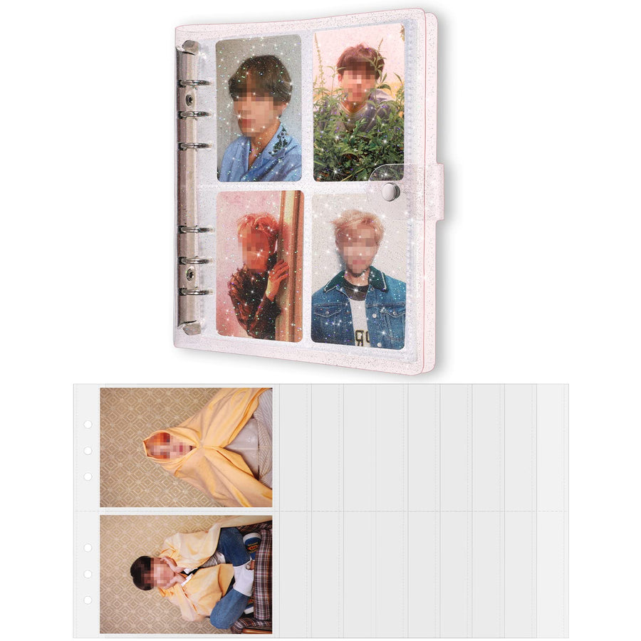 3 Inch 200 Pockets Photocard Binder Kpop Portable Photo Album Transparent Plus 5 Inch 40 Pockets Photo Pages Jelly 6 Ring Binder Cover for Albums Business Cards Postcards Picture Storage (Pink)