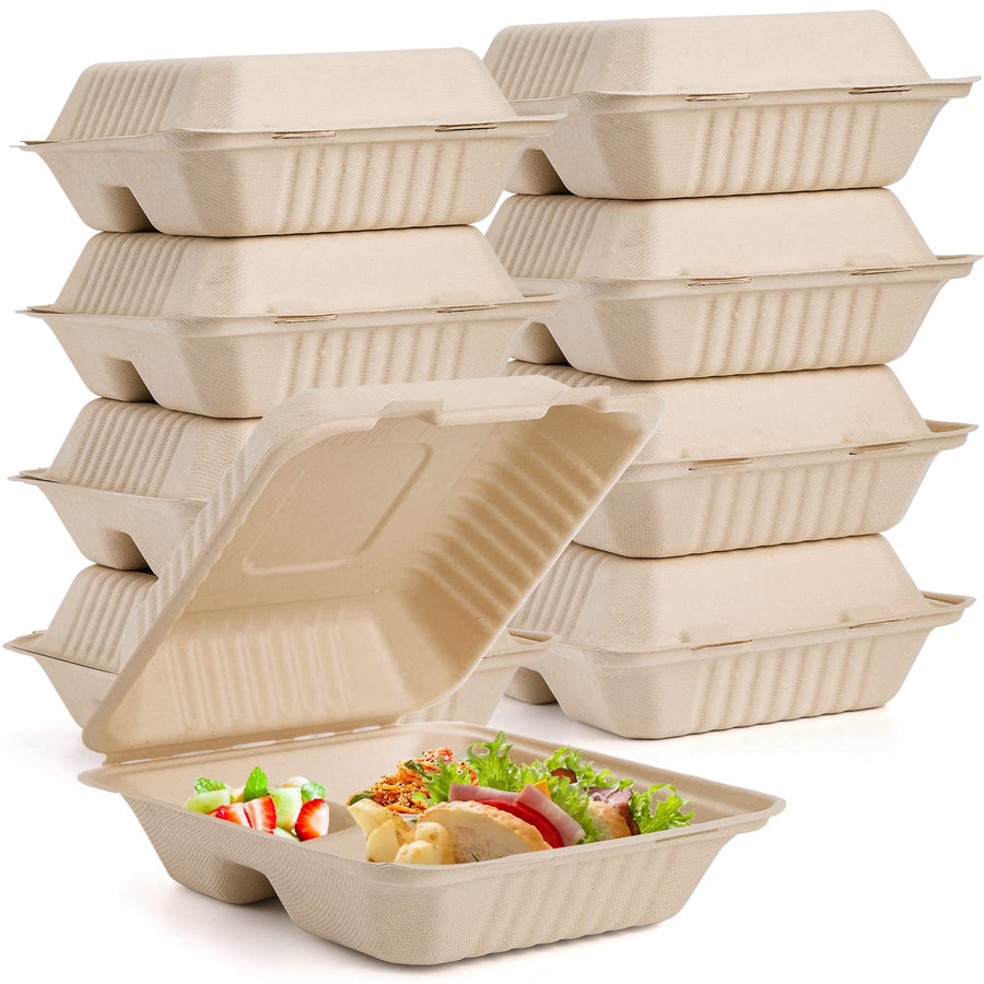 90 Pack Clamshell Take Out Food Containers (8 x 8, 3-Compartment), Compostable Heavy-Duty to Go Containers, Natural Disposable Bagasse Containers, Made of Sugar Cane Fibers