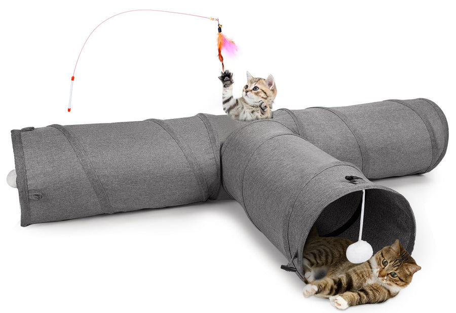Cat Tunnel, 3 Way Collapsible Kitty Tunnel 47 inch Long Cat Tube with Plush Ball & Feather Toy, Cat Play Tunnel for Indoor Cat, Kitten, Rabbit