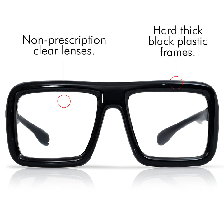Black Oversized Thick Glasses – Shiny Square Frame Old Man Nerd Costume Accessory Clear Lens Spectacles for Adults and Teens