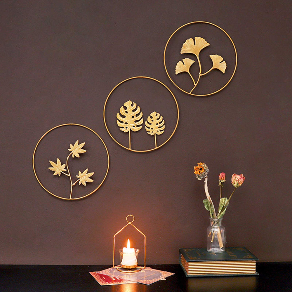 9.5 Inch Iron Wall Sculptures,Gold Metal Ginkgo, Maple, Monstera Leaf Wall Decor Round Wall Ornaments,Easy Installation Great for Bedroom Hanging Parts Hotel Wall Decoration (Gold, 3)