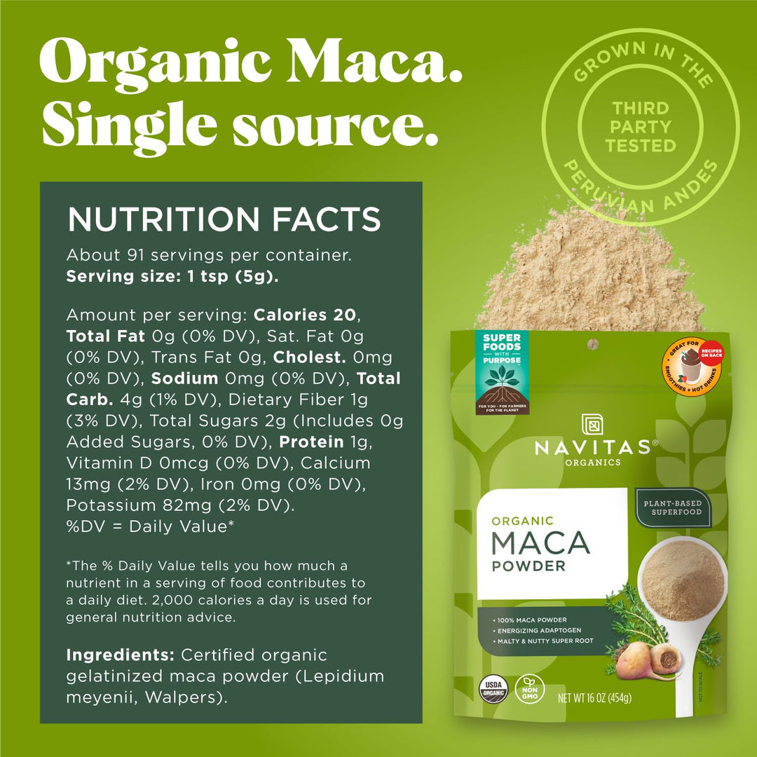 Maca Powder, 16 oz. Bag, 90 Servings — Organic, Non-GMO, Low Temp-Dried, Gluten-Free