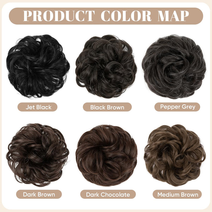 2PCS Messy Hair Bun Hair Pieces Wavy Curly Synthetic Updo Fake Scrunchies Ponytail Extension for Women Jet Black
