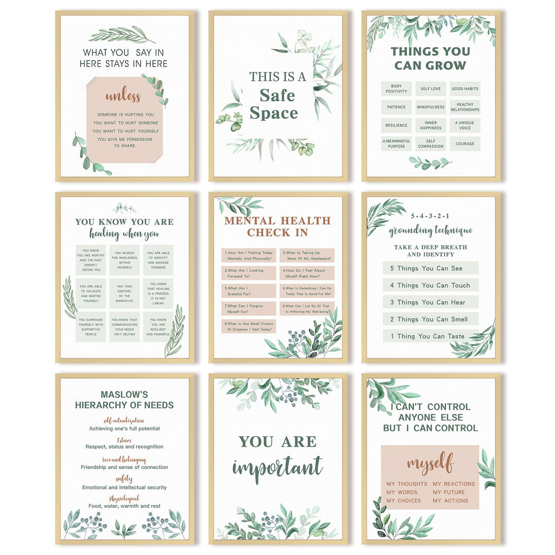 9 Pieces Mental Health Posters Anxiety Therapy Motivational Poster Psychologist Counselor Inspirational Posters Positive Quotes Wall Decor Classroom for Home Office, 8 x 10 Inch(Leaf Style)