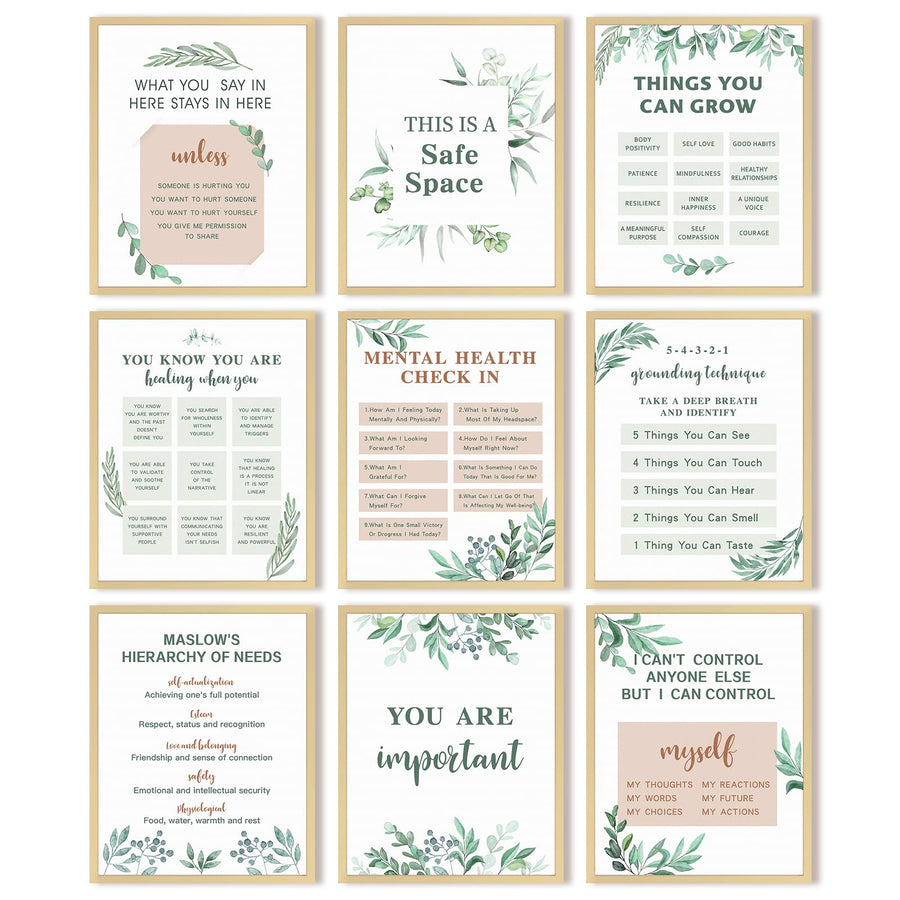 9 Pieces Mental Health Posters Anxiety Therapy Motivational Poster Psychologist Counselor Inspirational Posters Positive Quotes Wall Decor Classroom for Home Office, 8 x 10 Inch(Leaf Style)