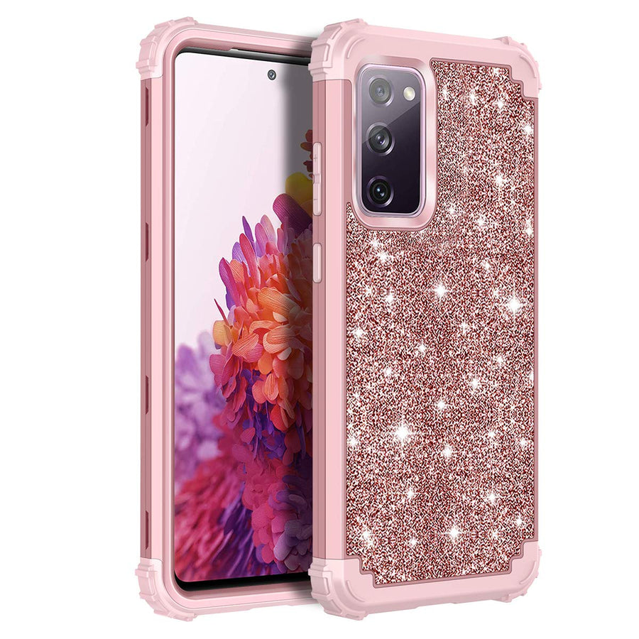 Compatible with Galaxy S20 FE 5G Case Glitter Sparkly Bling Shockproof Heavy Duty Hybrid Sturdy High Impact Protective Cover Case for Samsung Galaxy S20 FE 5G 6.5 inch 2020, Shiny Rose Gold