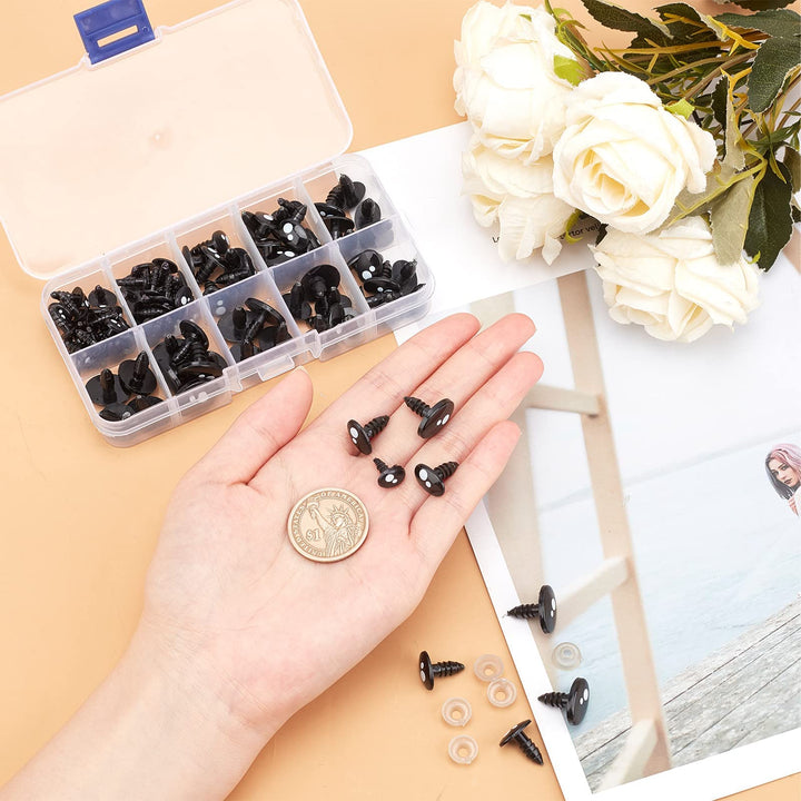 200pcs Kawaii Safety Eyes, 5 Sizes Craft Eyes Black Stuffed Animal Eyes Kawaii Eyes with Washers Oval Resin Felt Eyes for Amigurumi Puppet Teddy Bear Crochet Plush Animal Making