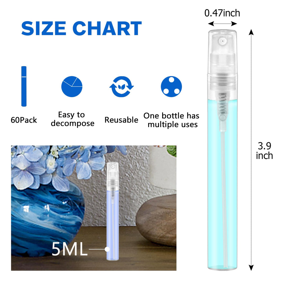 Mini Spray Bottle, Clear Plastic Empty Sample Containers, Fine Mist Perfume Travel Refillable Spray Bottle Perfume Atomizer Small Portable Bottle for Cleaning, Travel, Essential Oils (60, 5ml)