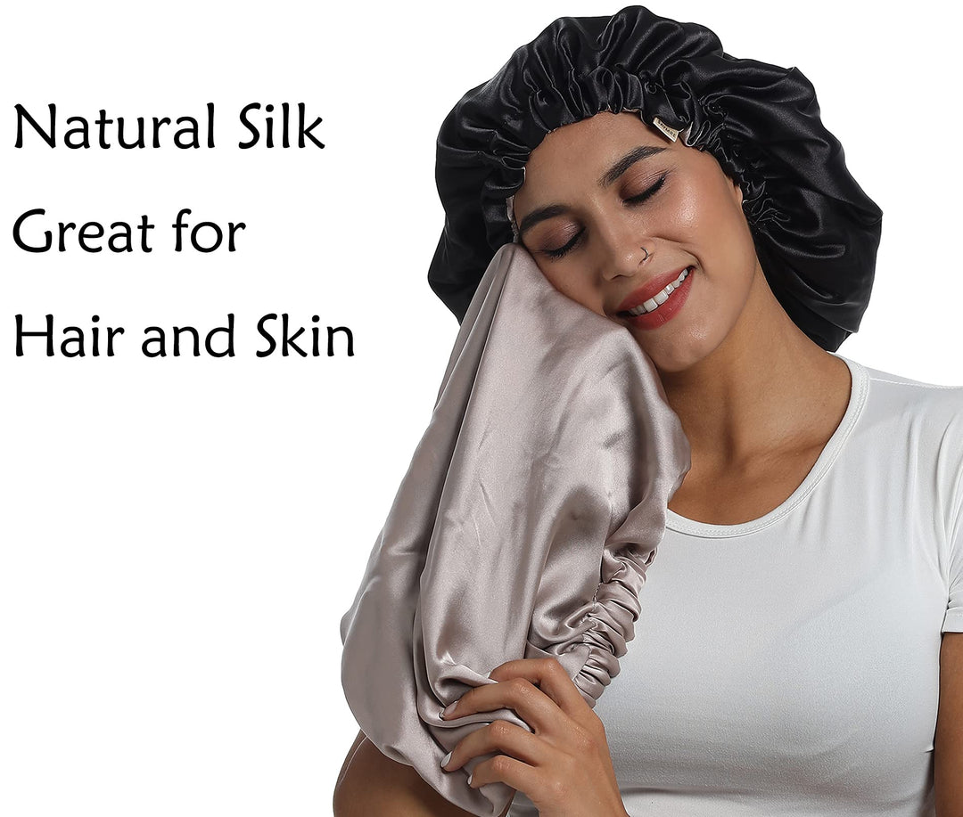 100% Mulberry Silk Lined Bonnet Adjustable Satin Sleep Cap 19 Momme Silk Bonnet for Women Curly,Long Hair Care Black