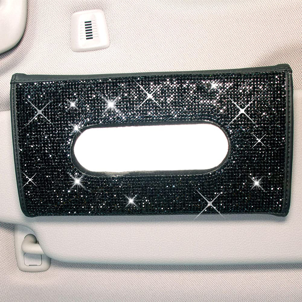 Bling Bling Car Visor Tissue Holder Leather Crystals Paper Towel Cover Case & Glitter Sunglasses Clip for Women Black