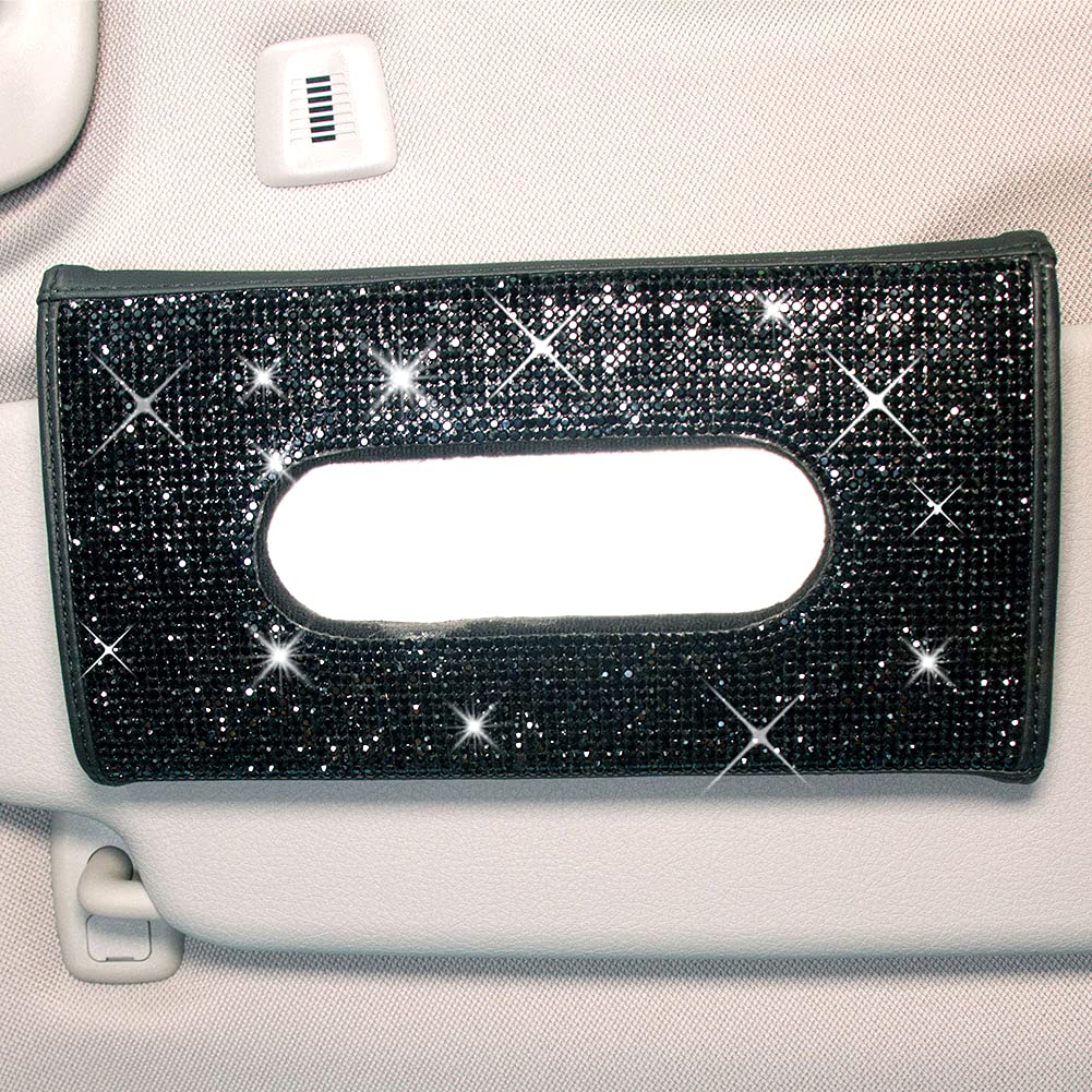 Bling Bling Car Visor Tissue Holder Leather Crystals Paper Towel Cover Case & Glitter Sunglasses Clip for Women Black
