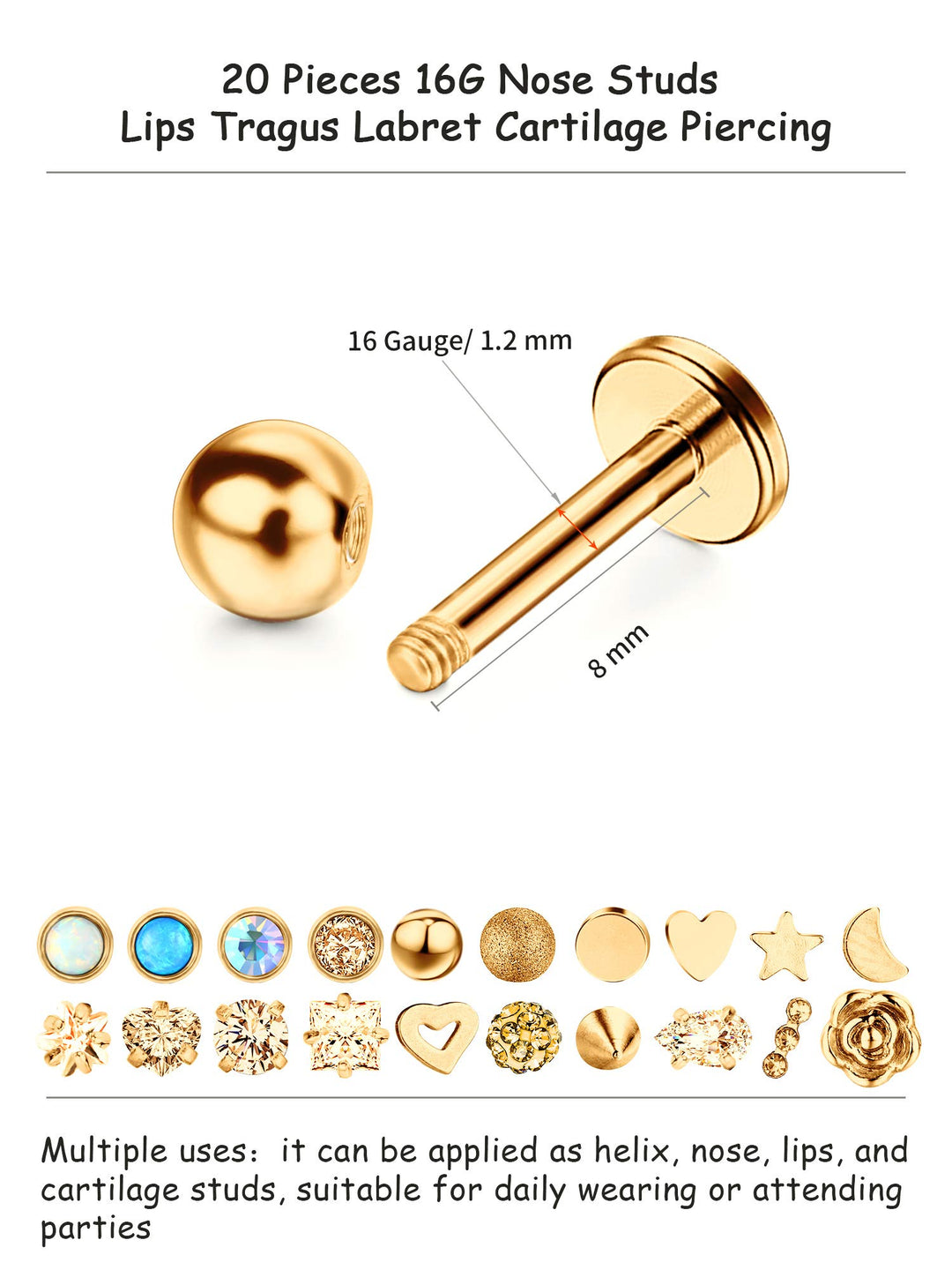 20 Pcs 16g Stainless Steel Nose Studs Straight Nose Rings Body Piercing Jewelry 20 Styles for Women Men