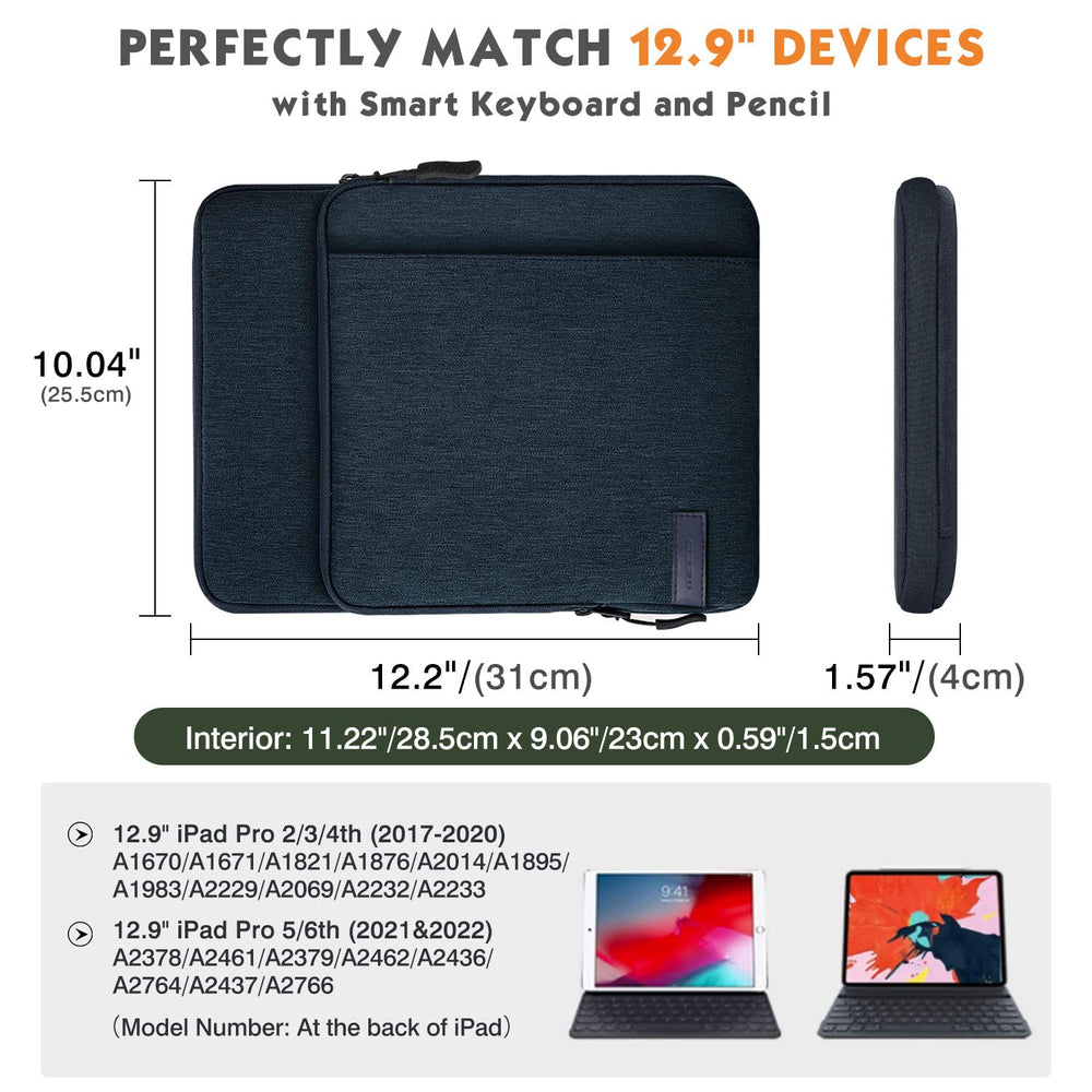12.9 Inch Tablet Sleeve Bag Carrying Case with Pockets Fits 13 Inch New iPad Pro M4 & Air M2 2024, iPad Pro 12.9 M2&M1, Surface Laptop Go 12.4, Galaxy Tab S8+/S9+ 12.4, Indigo