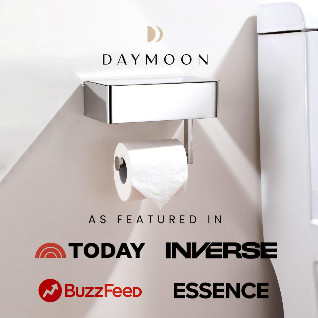 Day Moon™ Chrome Toilet Paper Holder with Shelf - Wipe Holder for Bathroom, Flushable Wipes Dispenser, Toilet Paper and Wipes Holder - Toilet Paper Holder with Storage, Toilet Paper Holder Wall Mount