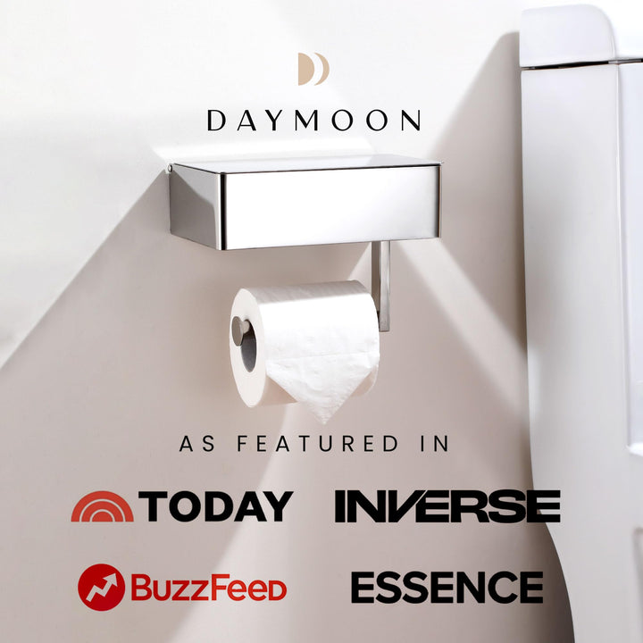 Day Moon™ Chrome Toilet Paper Holder with Shelf - Wipe Holder for Bathroom, Flushable Wipes Dispenser, Toilet Paper and Wipes Holder - Toilet Paper Holder with Storage, Toilet Paper Holder Wall Mount