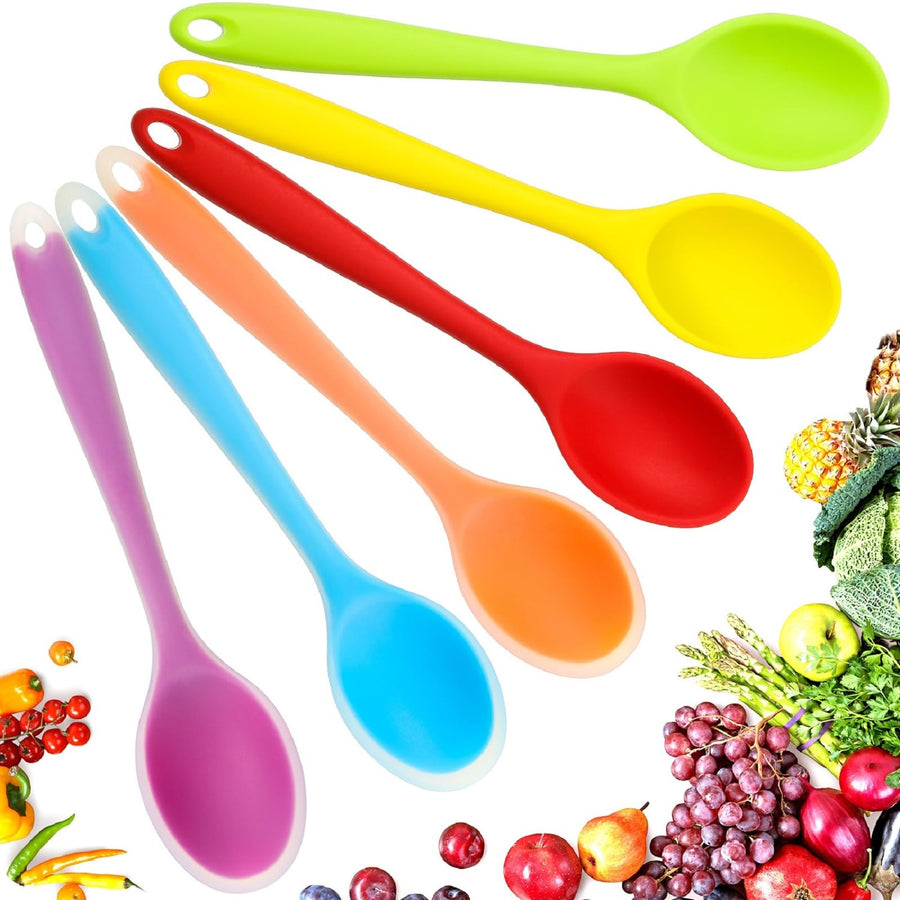 6 Pieces Small Multicolored Silicone Mixing Spoons Heat Resistant Nonstick Spoon Silicone Serving Spoon for Kitchen Cooking Baking Stirring Mixing Tools(Red, Green, Yellow, Purple, Orange, Blue)