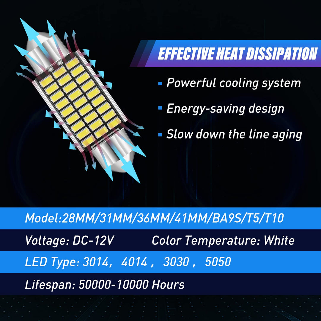 42 Pieces Interior Car Lights LED Dome Light 28 mm 31 mm 36 mm 41 mm BA9S T5 T10 LED Bulb Kit LED Dome Light for Car Interiors Map Dome Trunk Cargo Door Courtesy License Plate Light (White)