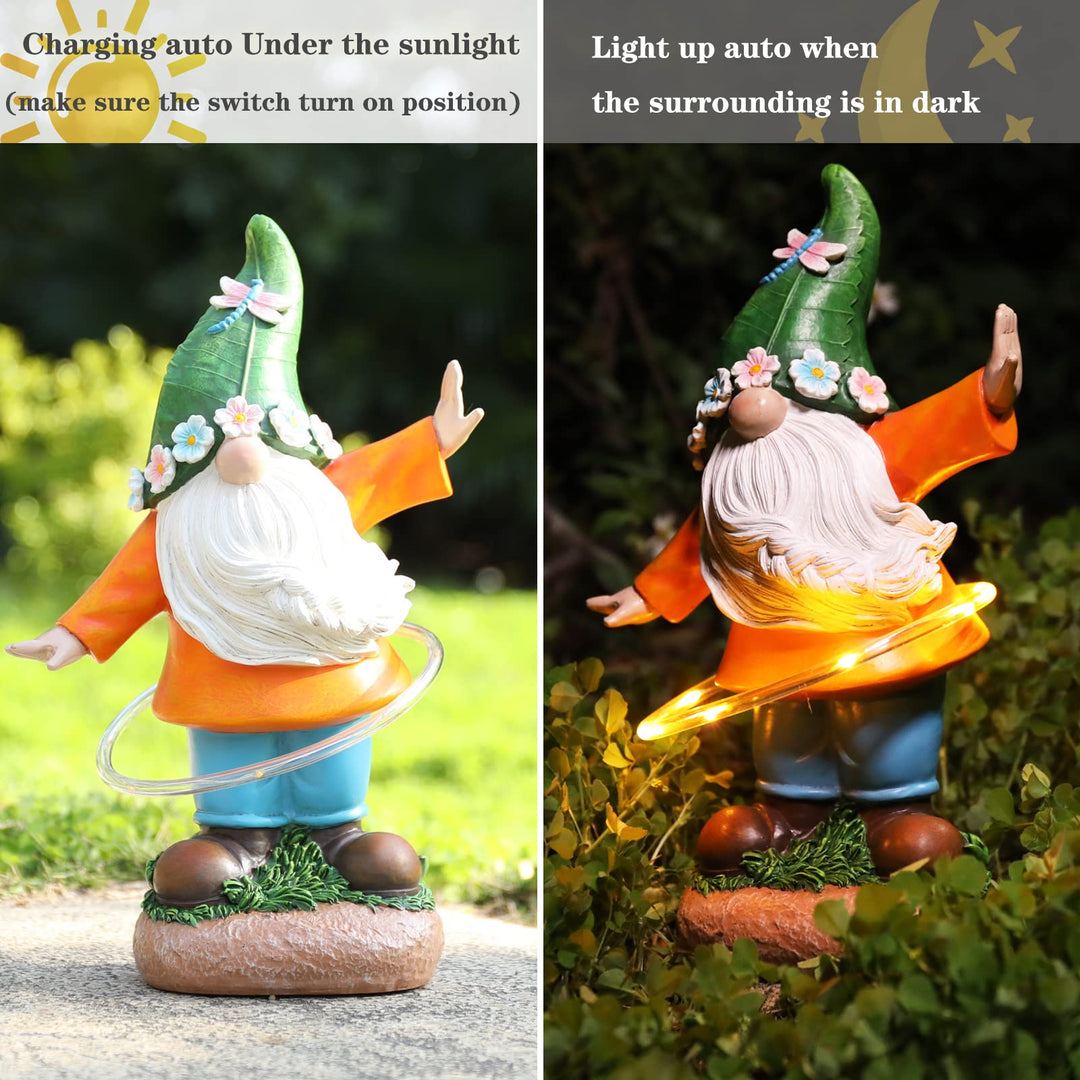 Garden Gnome Outdoor Statue, Funny Gnomes Garden Sculptures & Statues Playing Hula Hoop with Solar LED Light Resin Yard Ornament for Outdoor Garden Lawn Patio Decor, Housewarming Gifts