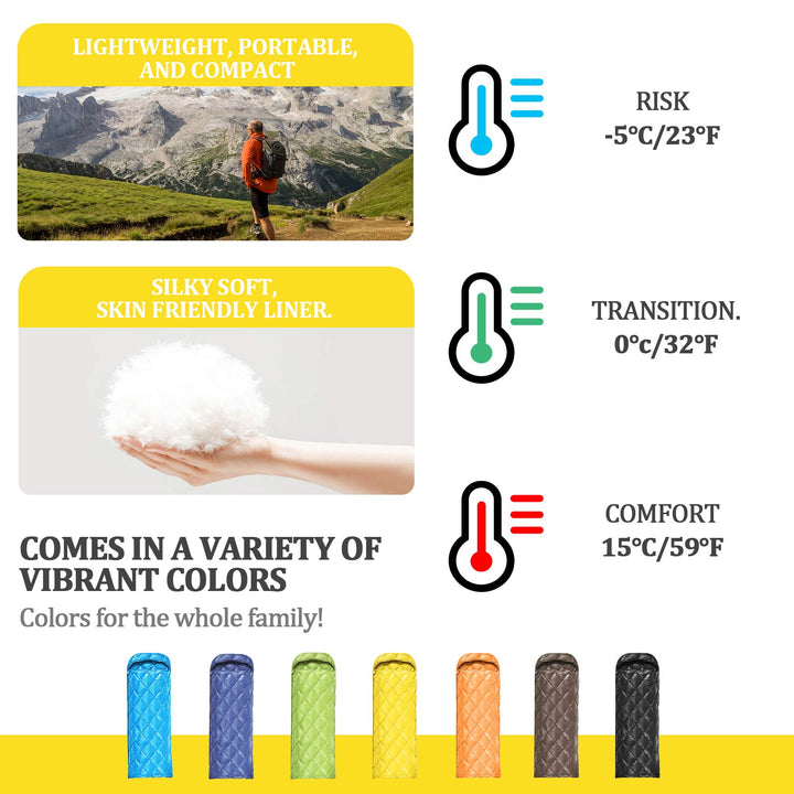 Down Sleeping Bag, 32 Degree F 800 Fill Power Cold Weather Sleeping Bag - Ultralight Compact Portable Waterproof Camping Sleeping Bag with Compression Sack for Adults, Teen, Kids