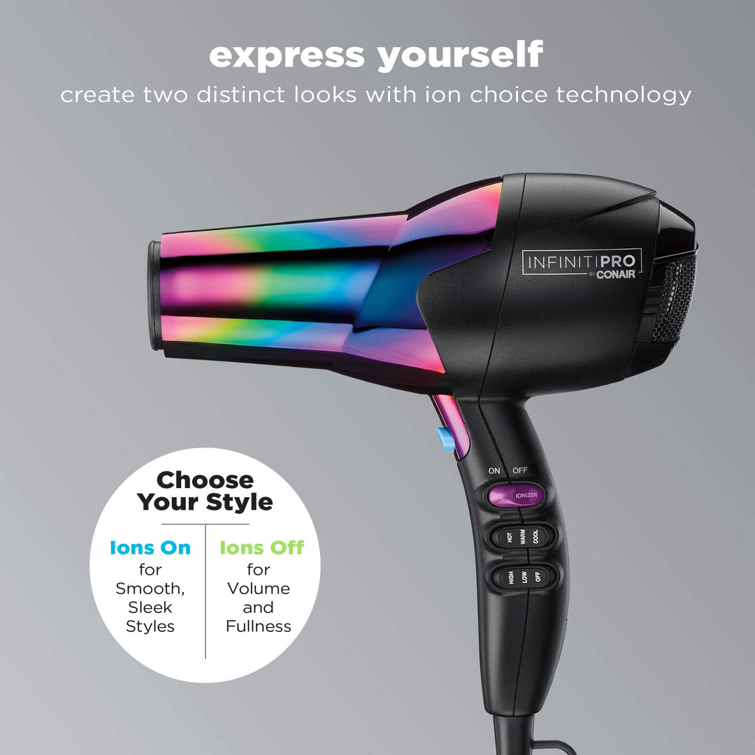 INFINITIPRO BY CONAIR Hair Dryer, 1875W Ion Choice - Turn Ions ON for Smooth, Shiny Hair and OFF for More Fullness and Volume