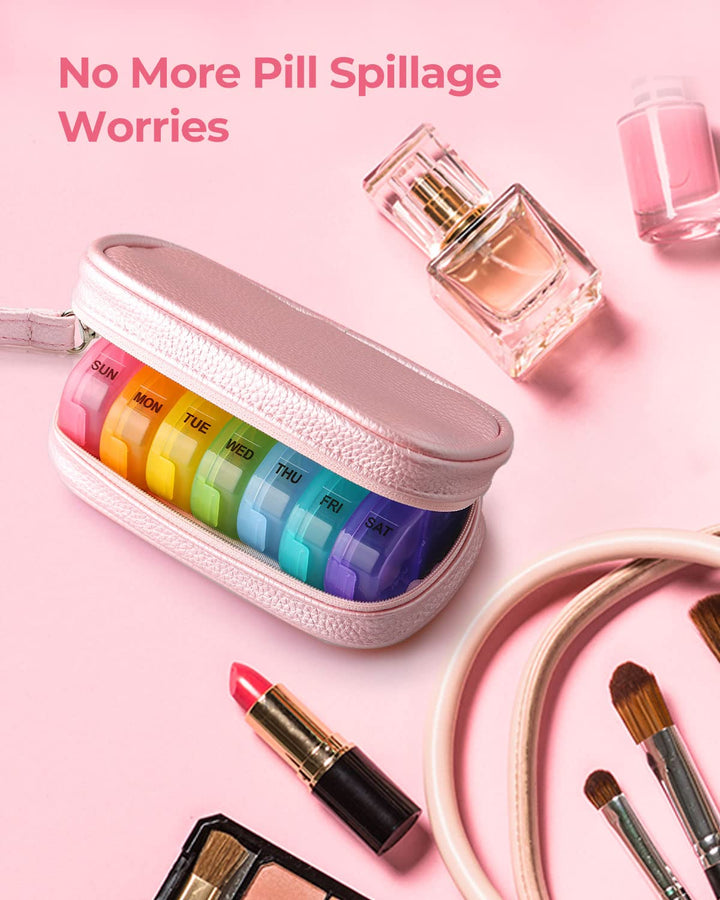 Cute Pill Organizer 2 Times a Day, PU Leather Pill Case for Women, Portable Weekly Pill Box for Purse with Storage Bag to Hold Vitamins, Medications, Fish Oils, Supplements (Pink)