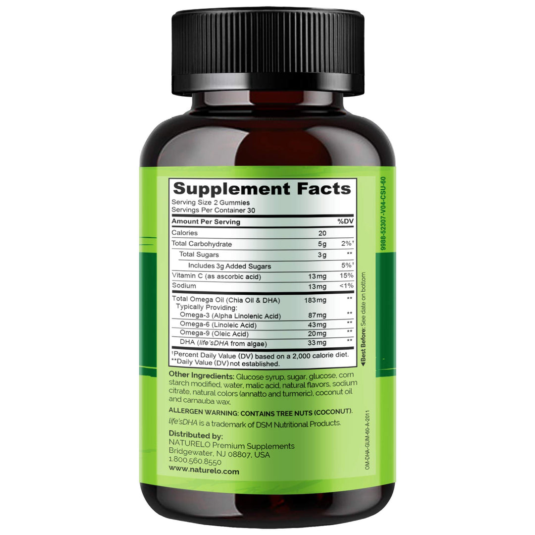 Vegetarian DHA and Omega 3 Supplement from Algae and Chia Seed Oil for Heart, Brain and Joint Health - No Fish, Gelatin, or Artificial Sweeteners - 60 Gummies