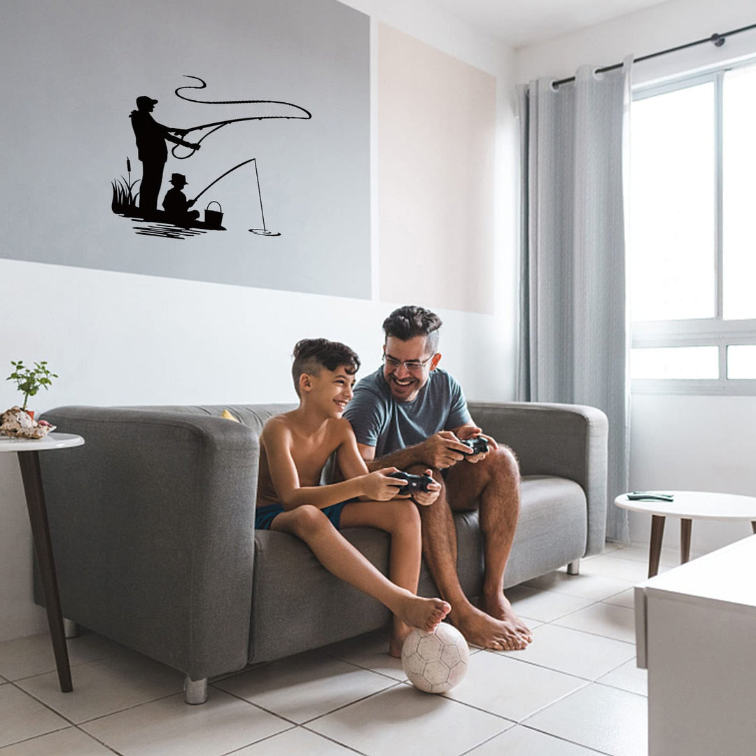 Fishing Theme Wall Sticker Family Dad and Son Fishing Relax Pattern Wall Sticker Silhouettes Wall Art Vinyl Decals for Home Decor Nursery Daycare Wall Decoration 15x21