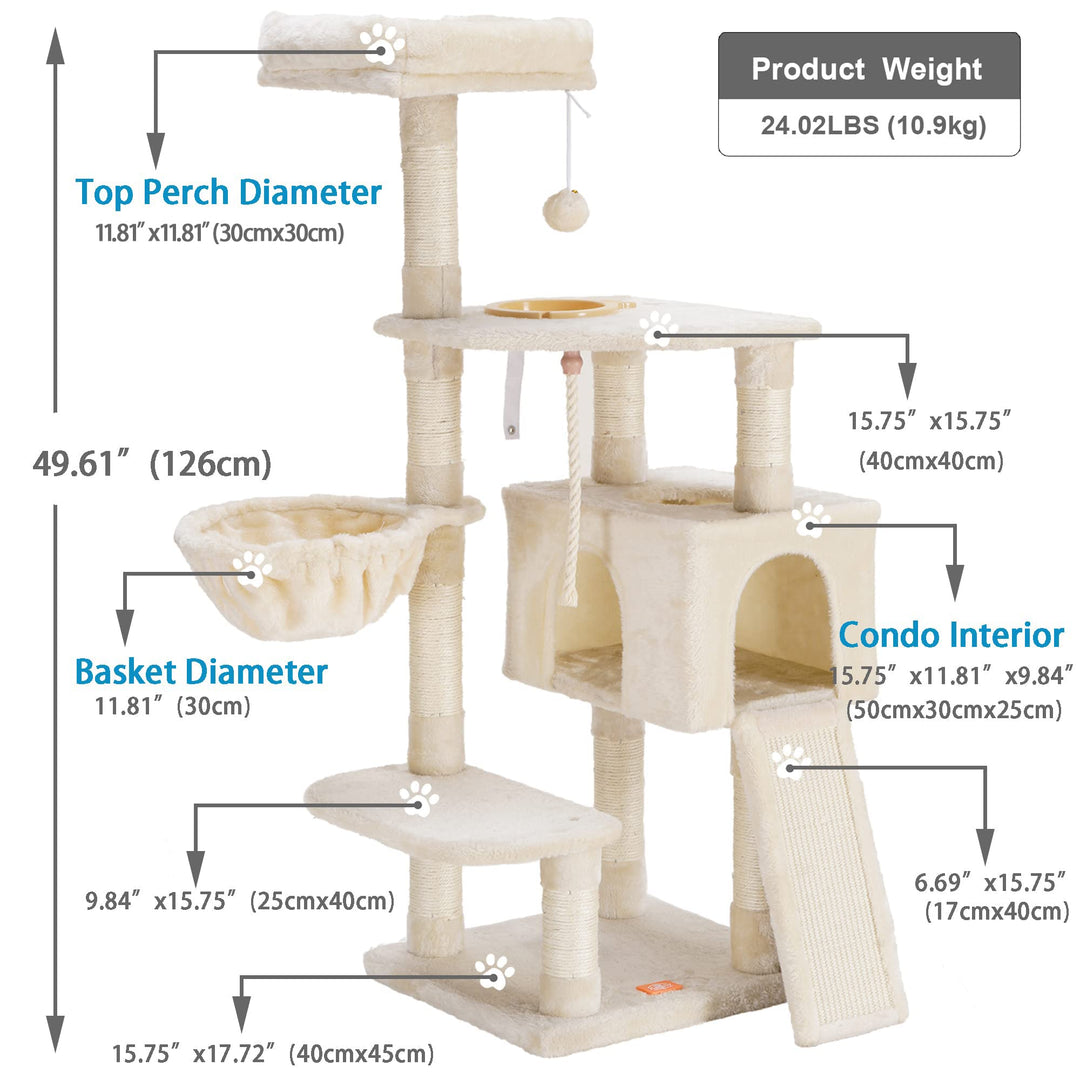 Cat Tree, Cat Tower for Indoor Cats with Scratching Board, Multi-Level Cat Furniture Condo with Feeding Bowl Light Gray HCT010M