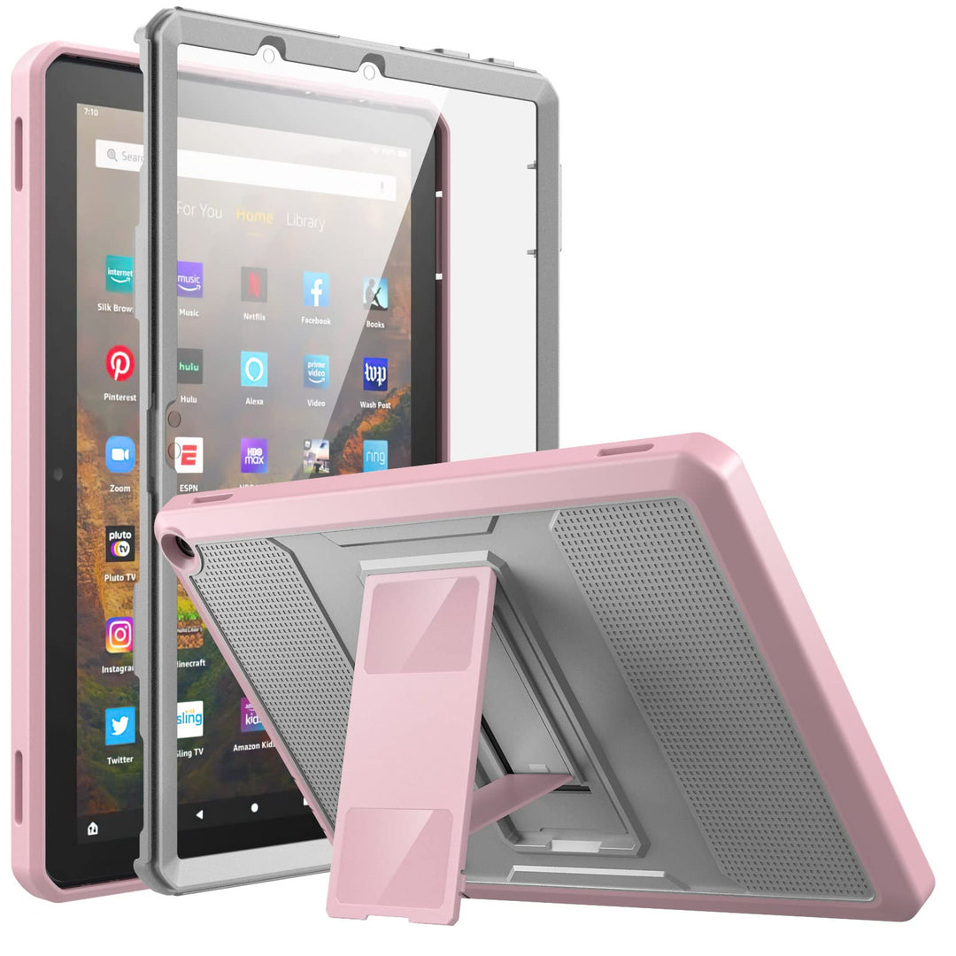 Case Fits All-New Kindle Fire HD 10 & 10 Plus Tablet (11th Generation, 2021 Release) 10.1, Full Body Rugged Hands-Free Viewing Stand Back Cover with Screen Protector, Gray&Pink