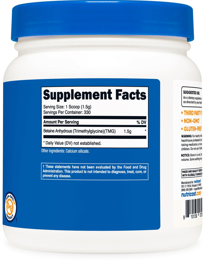 Betaine Anhydrous Trimethylglycine (TMG) Powder 500 Grams