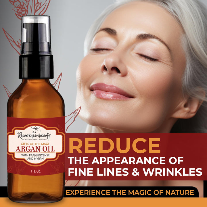 Frankincense and Myrrh Argan Oil For Skin, Hair, Nails and Scars, Pure Organic Liquid Gold Virgin Moroccan Argan Oil Enhanced with Pure Therapeutic Grade Essential Oils of Boswellia Carteri and Commiphora Myrrha, Gifts Of The Magi Moisturizing and An
