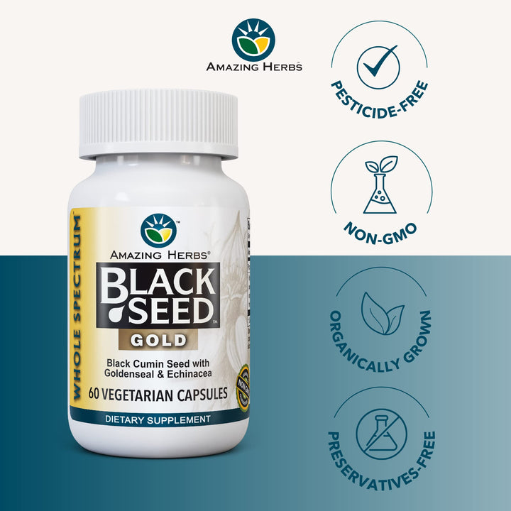 Whole Spectrum Black Seed Gold - Black Cumin Seed with Goldenseal & Echinacea, Gluten-Free & Non-GMO, Immune Support, Promotes Health & Wellness - 60 Count