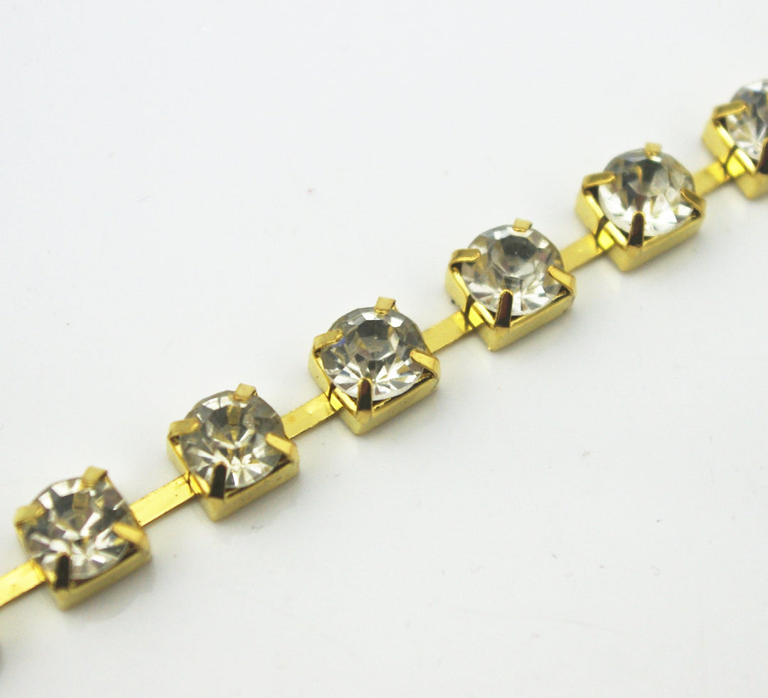 1 Yard 8mm Crystal Rhinestone Trims Chain Wedding Dress Sewing Craft Embellishments (Gold+Clear Rhinestone Chain)