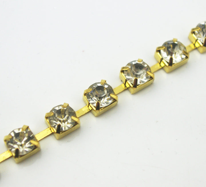 1 Yard 8mm Crystal Rhinestone Trims Chain Wedding Dress Sewing Craft Embellishments (Gold+Clear Rhinestone Chain)