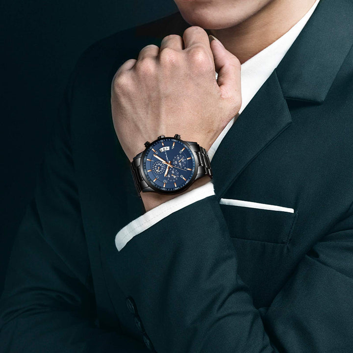 Mens Watches Luxury Casual Quartz Analog Black Stainless Steel Waterproof Chronograph Wrist Watches for Men