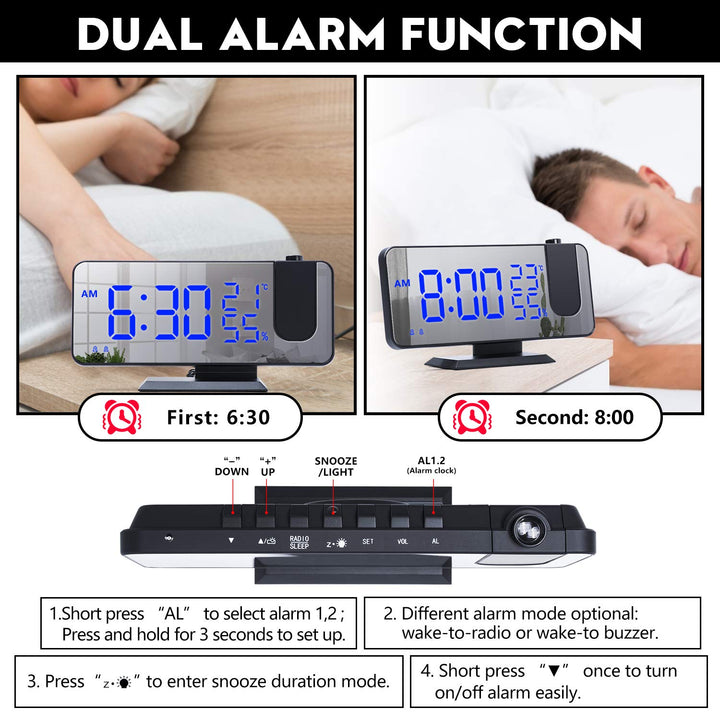 Number-One Projection Digital Alarm Clock for Bedrooms, FM Radio Alarm Clock, 7.5' Dual Alarms with Snooze, USB Charging Port, Temperature & Humidity Display, 180° Rotable, 4 Dimmer, 12/24 Hours