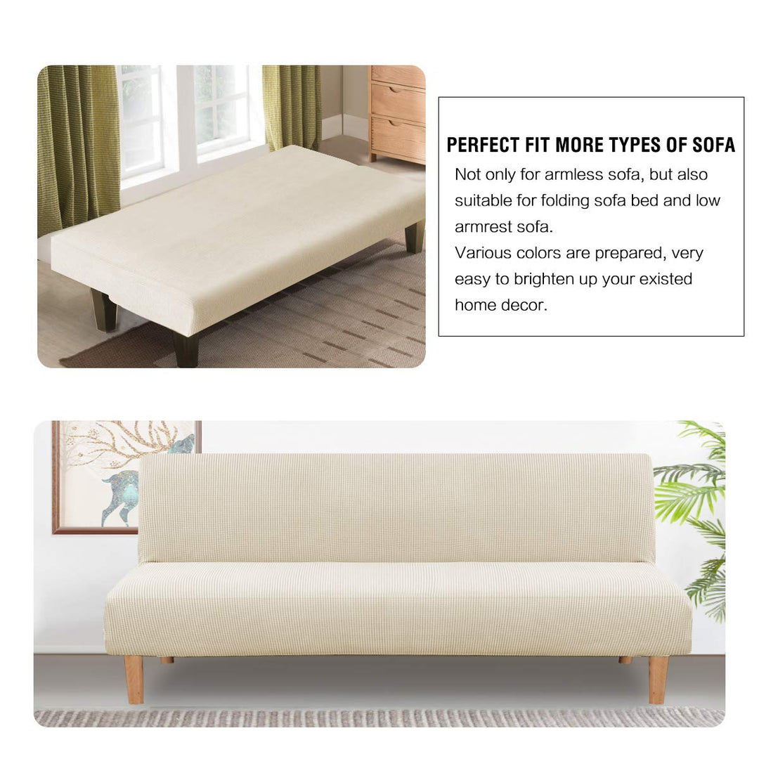 Armless Futon Cover Stretch Sofa Bed Slipcover Protector Elastic Feature Rich Textured High Spandex Small Checks Jacquard Fabric Futon Cover, Machine Washable, Natural