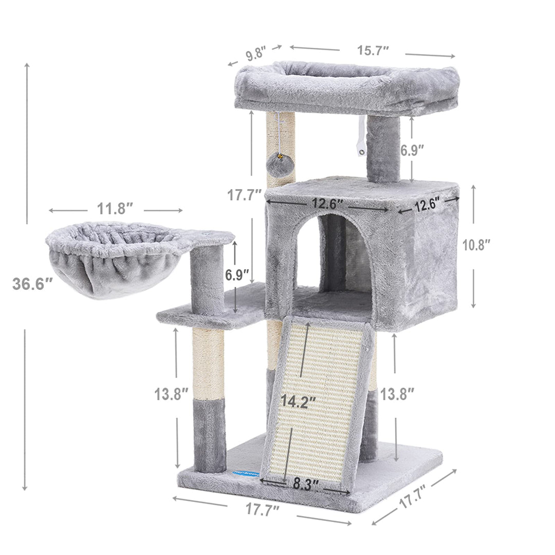 Cat Tree with Sisal Scratching Posts, Cat Tower with Scratching Board, Cat Condo with Basket,Light Grey MPJ014W