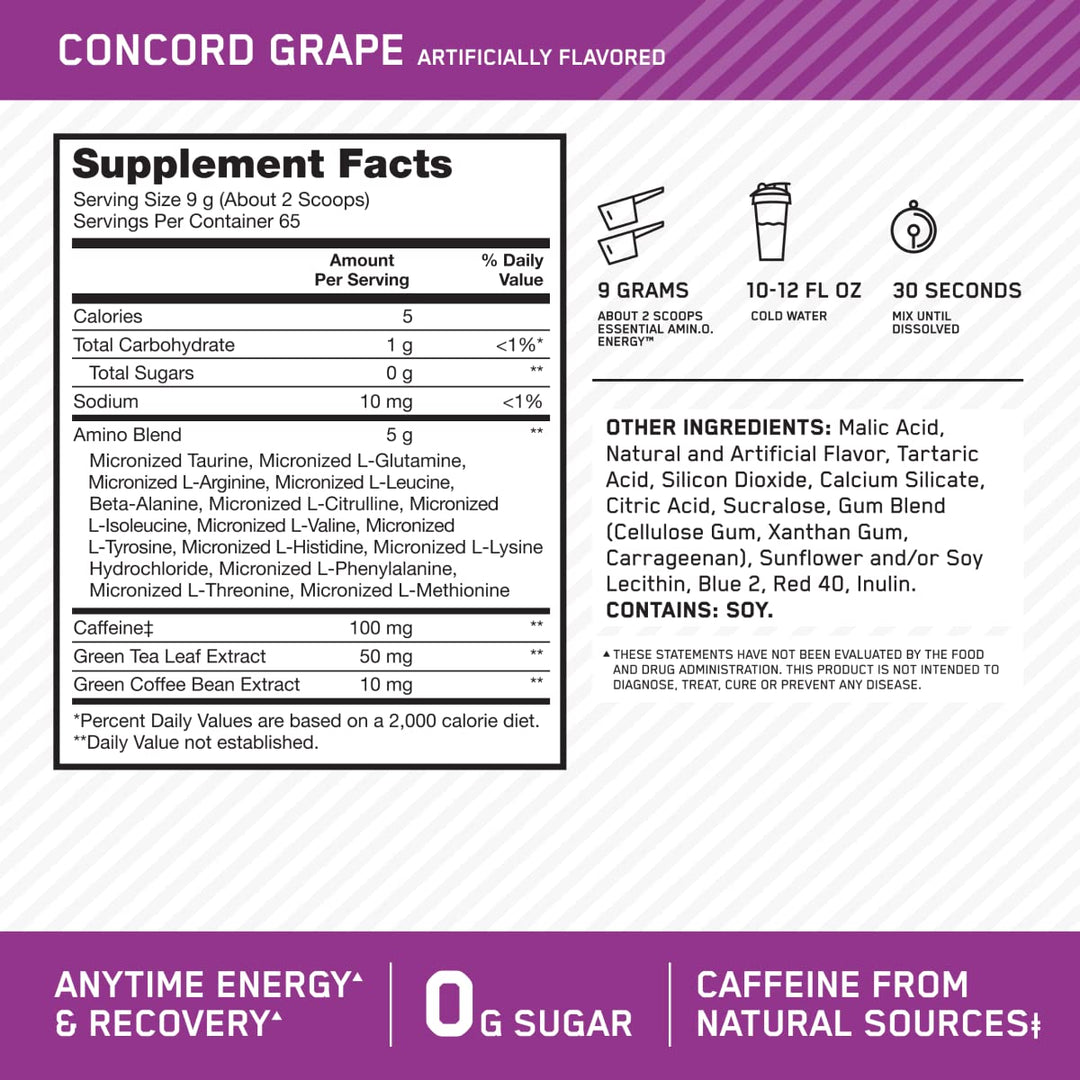 Amino Energy - Pre Workout with Green Tea, BCAA, Amino Acids, Keto Friendly, Green Coffee Extract, Energy Powder - Concord Grape, 65 Servings (Packaging May Vary)