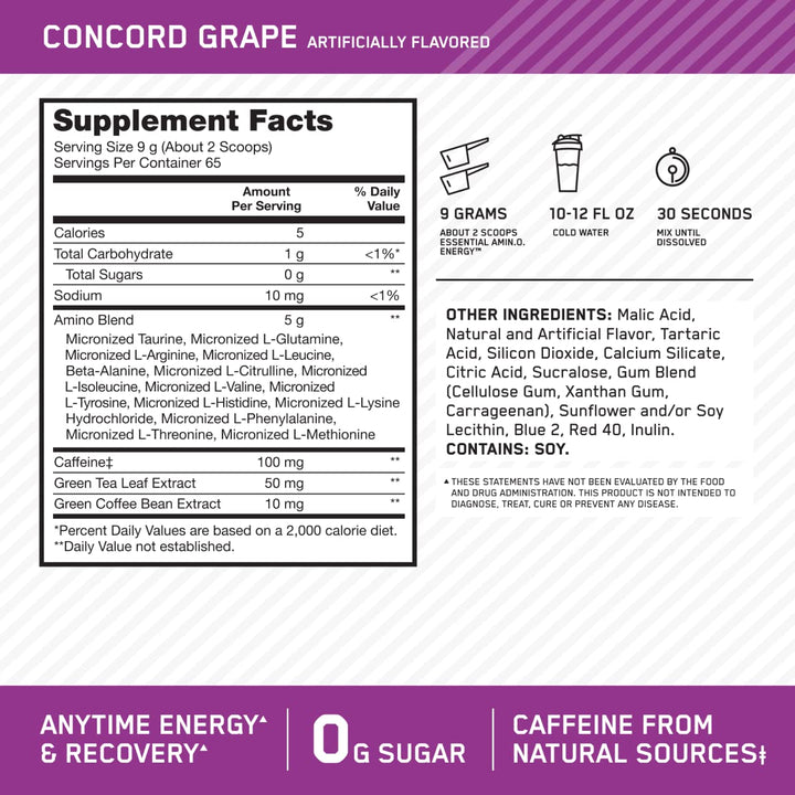 Amino Energy - Pre Workout with Green Tea, BCAA, Amino Acids, Keto Friendly, Green Coffee Extract, Energy Powder - Concord Grape, 65 Servings (Packaging May Vary)