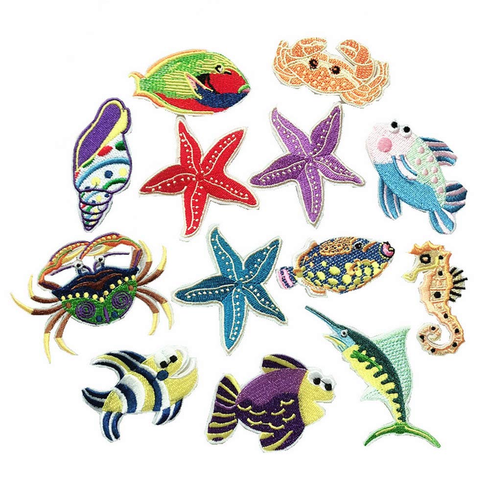 13 Pcs Seabed Ocean Animals Patches Embroidered Iron on Patch for Clothing Badges DIY Stickers Sew Applique