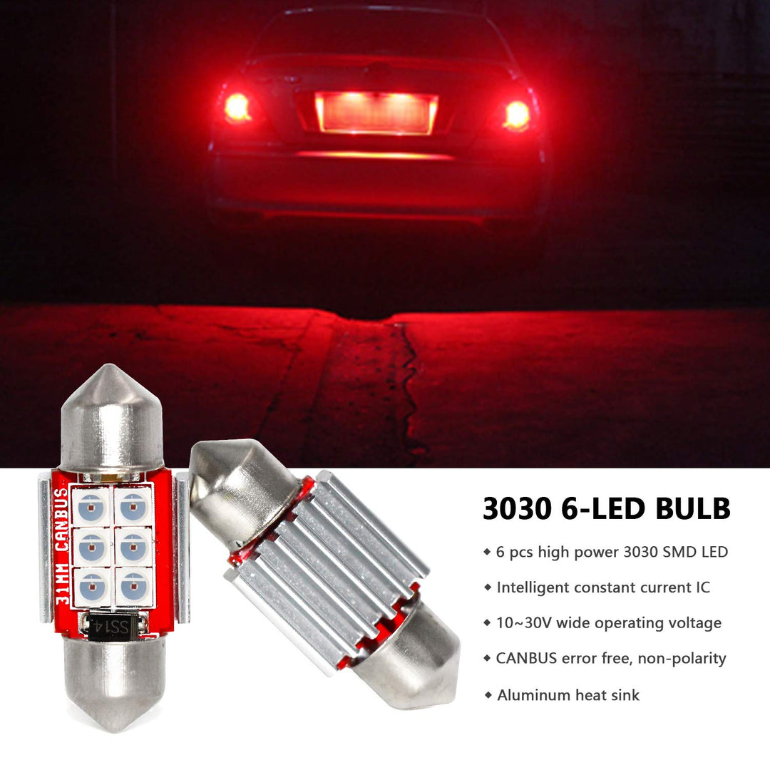 Super Bright DE3021 LED Red Bulb 3030 6-SMD Festoon 1.25 31mm DE3175 DE3022 Miniature LED Bulbs for Car Interior Door Map Dome Trunk Courtesy Light, Pack of 4