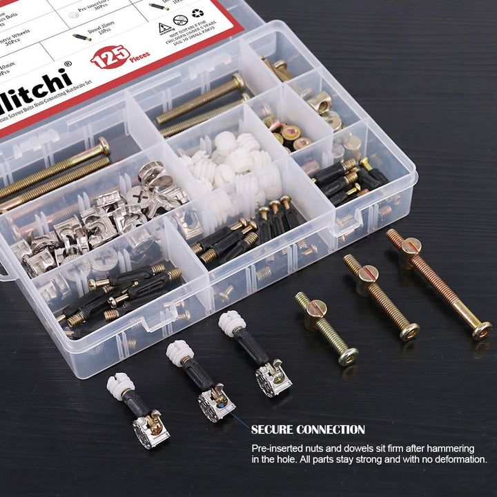 125 Pcs 3 in 1 Cam Fitting with Dowel and Pre-Inserted Nut with Zinc Plated Hex Drive Socket Cap Furniture Barrel Nuts Crib Screws Assortment Kit Furniture Connecting Hardware Connectors