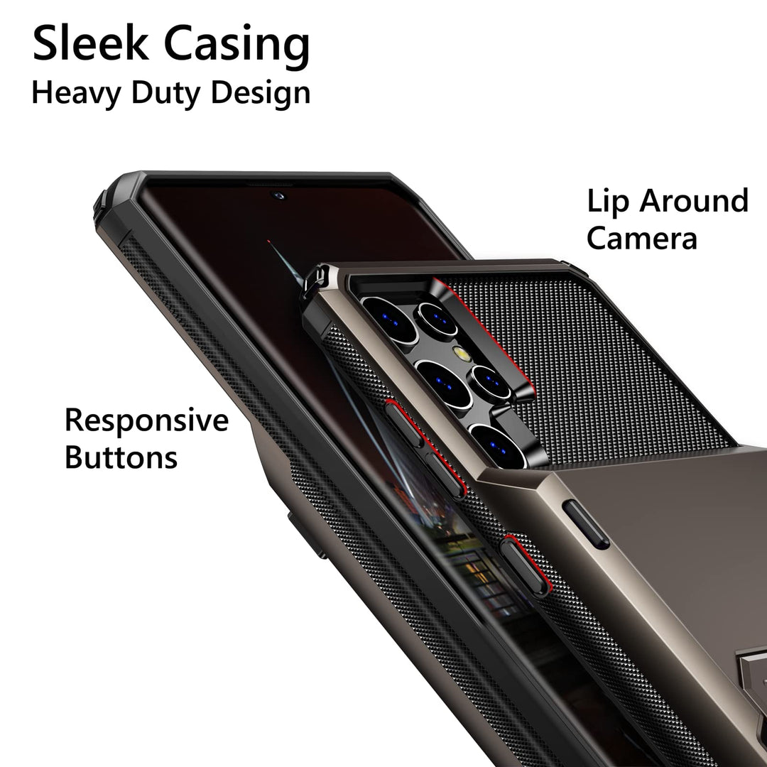 for Galaxy S22 Ultra Case Wallet Credit Card Holder 4-Card Slot Hidden Back Pocket Dual Layer Hybrid Rugged Rubber Bumper Protective Hard Shell Cover for Samsung Galaxy S22 Ultra Gun