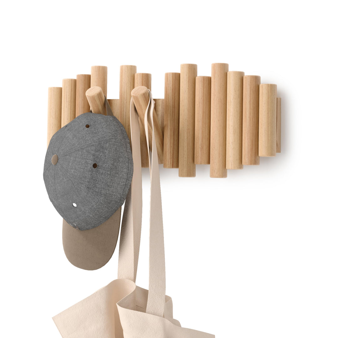 Picket Wall-Mounted Coat Rack Rail Hook with 5 Retractable Wood Pegs – Modern, Space-Saving Storage Organizer, Natural