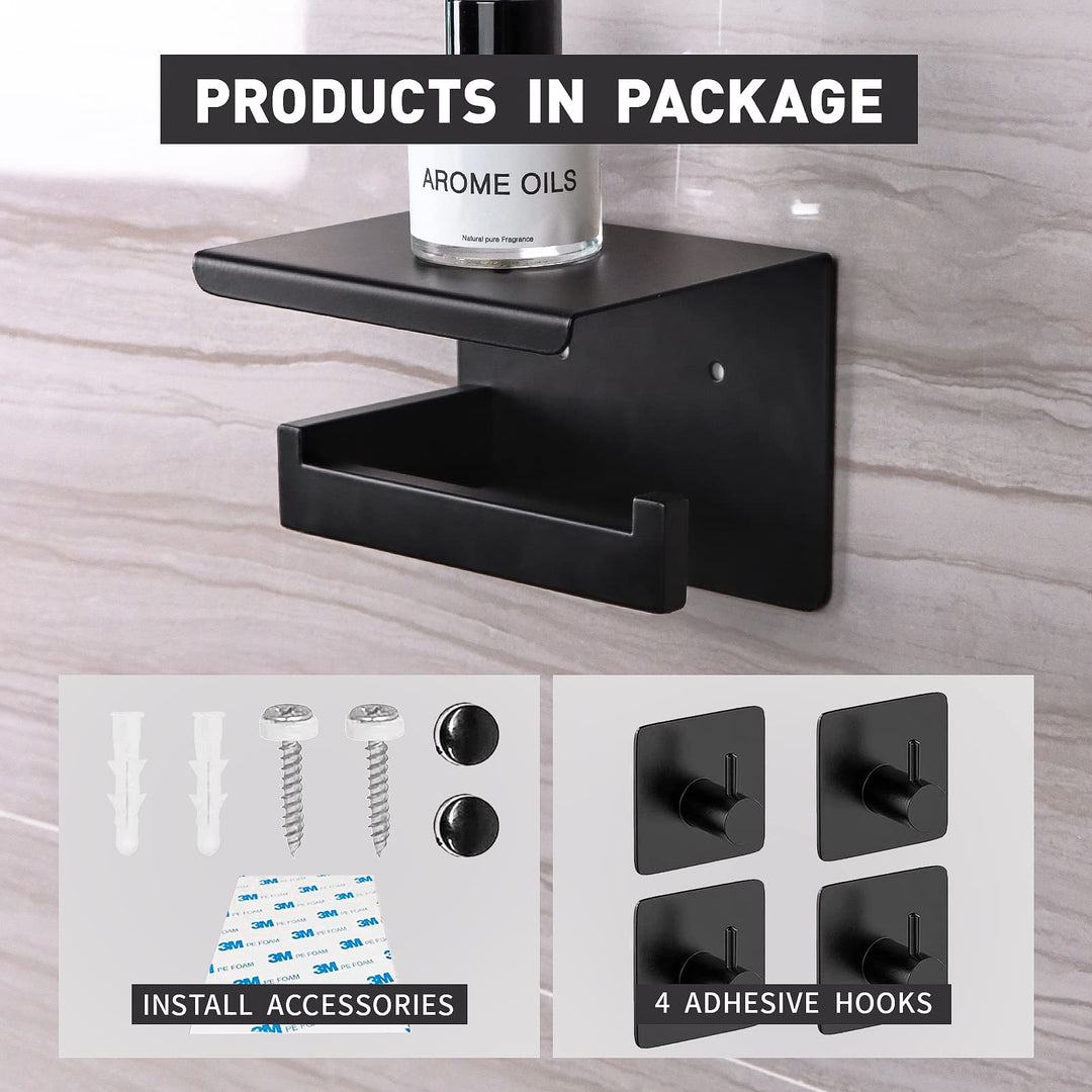 Toilet Paper Holder, Self Adhesive Matte Black Modern Square Bathroom Toilet. Paper Holder Wall Mount