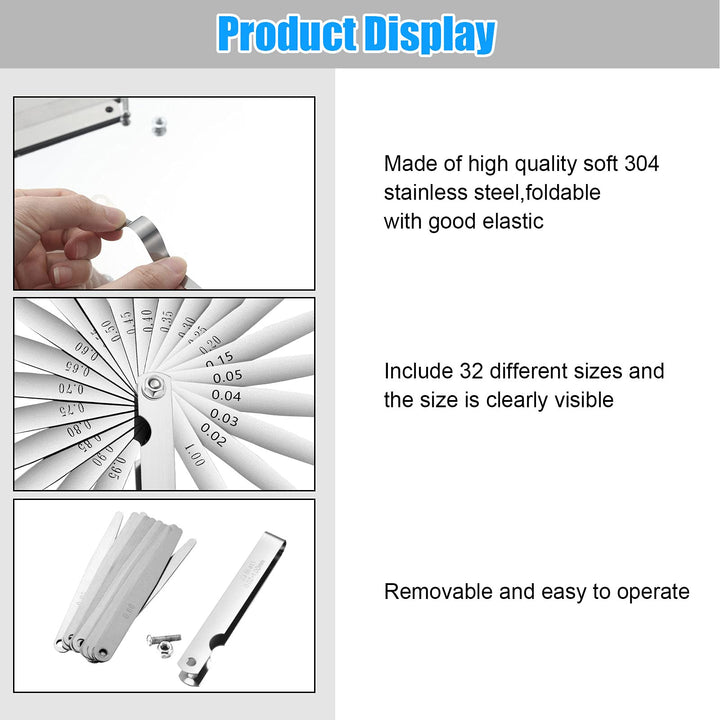 32 Blades Steel Feeler Gauge Measuring Tool Stainless Steel Dual Marked Metric and Imperial Measuring Tool(23 Blades,0.02-1.00 mm)
