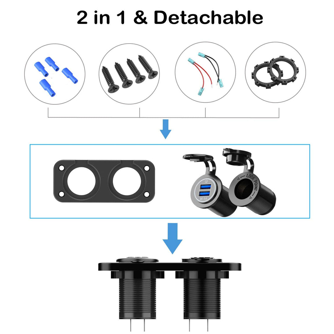 QC 3.0 USB Outlet 12V Boat Marine Waterproof Cigarette Lighter Socket Splitter 12 Volt DC Power Charger Adapter DIY Kit with Blue LED Dual USB Ports for Rocker Switch Panel on Car RV Golf Cart ATV