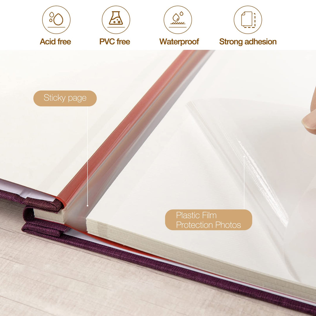 Large Photo Album Self Adhesive 3x5 4x6 5x7 8x10 Pictures Linen Cover 40 Blank Pages Magnetic DIY Scrapbook Album with A Metallic Pen (Purple, 11x10.6 inch 40 Pages)
