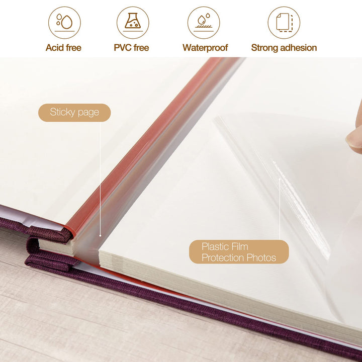 Large Photo Album Self Adhesive 3x5 4x6 5x7 8x10 Pictures Linen Cover 40 Blank Pages Magnetic DIY Scrapbook Album with A Metallic Pen (Purple, 11x10.6 inch 40 Pages)